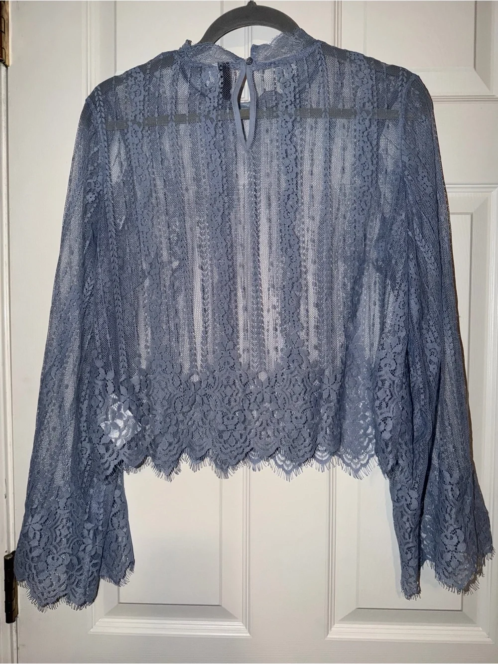 H&M Dusty Blue Lace Sheer Long-Sleeve Blouse Flared Sleeves